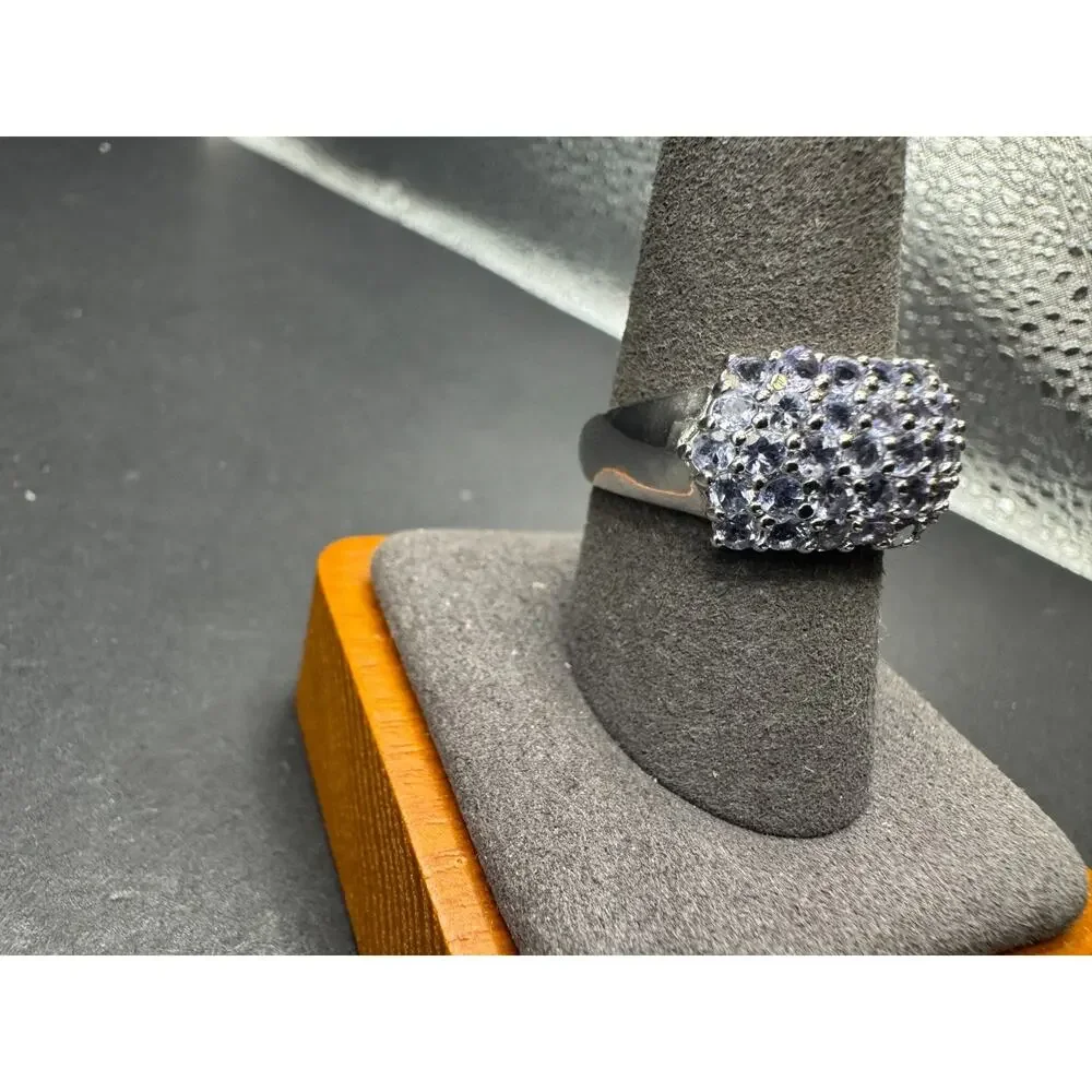 Vintage 925 Sterling Silver Signed Tanzanite Cluster Dome Ring Size 10
